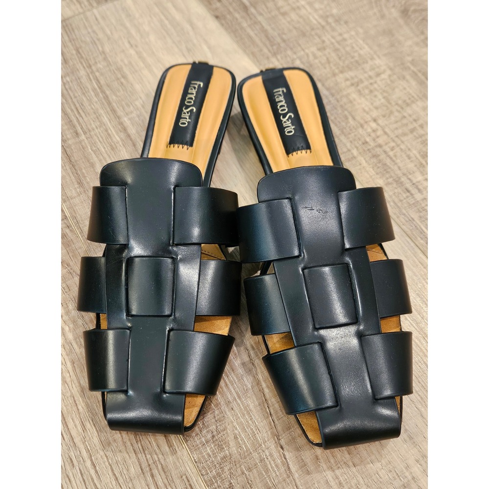 Franco Sarto L'Tavania Sandals Womens 7.5 Black Leather Woven Fisherman Slides